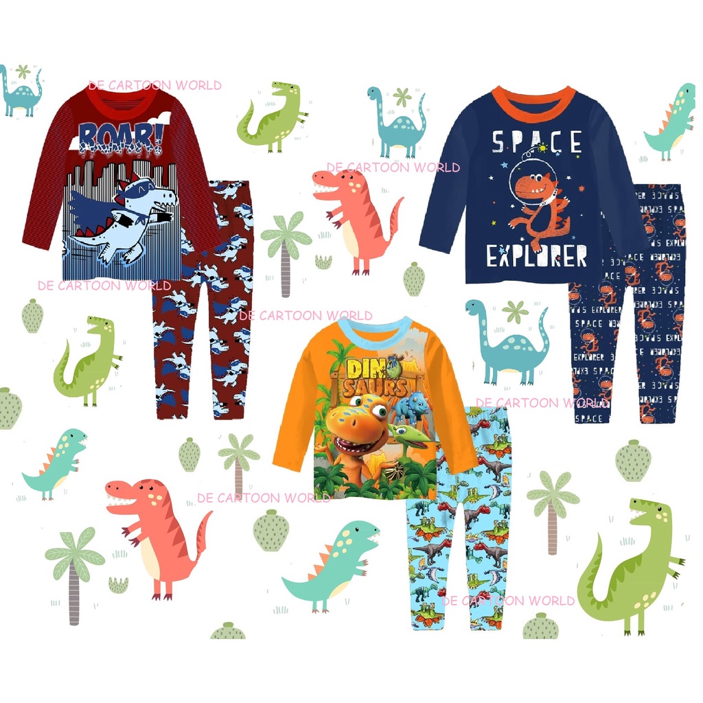 🆕 DINOSAUR T-REX CARTOON LONG SLEEVE LONG PANT BOY COTTON PYJAMAS SET ...