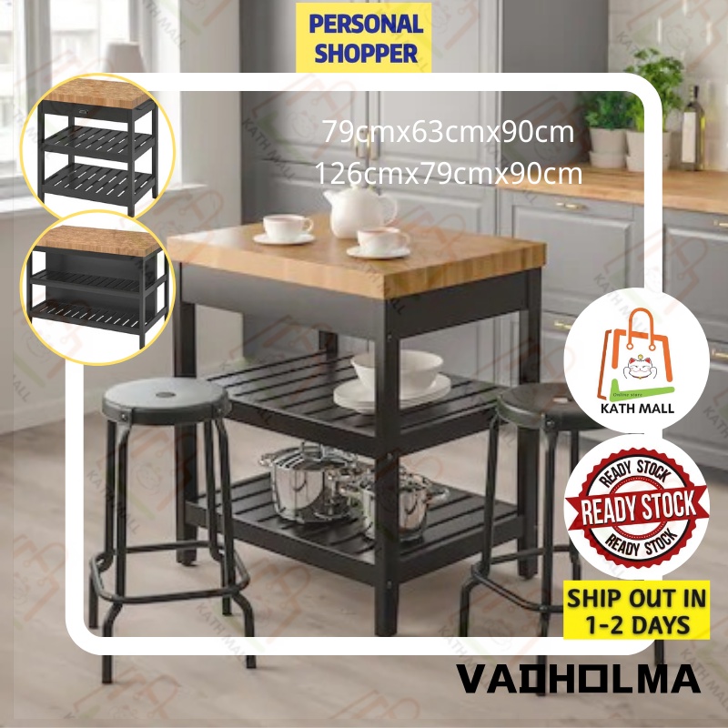 VADHOLMA Kitchen island, black/oak I PULAU DAPUR Shopee Malaysia