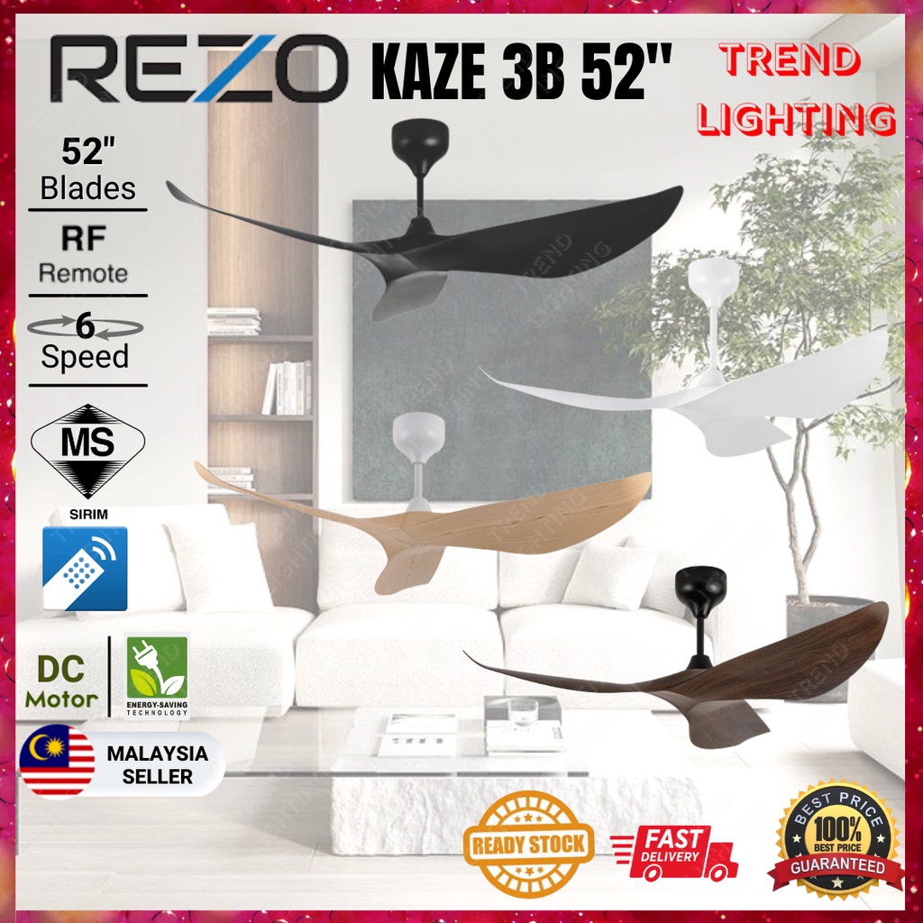 New Model 2022 REZO KAZE 52" 3B Ceiling Fan Remote Control DC Motor 6F