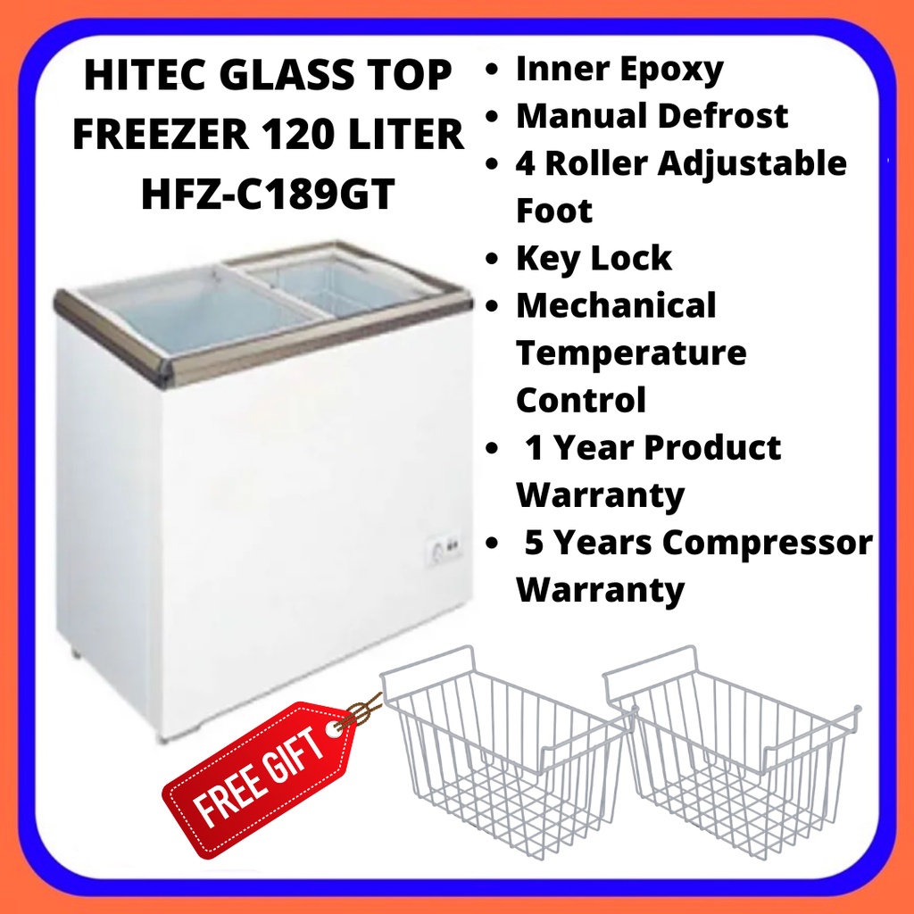 HITEC Glass Top Freezer 120L HFZC189GT Sliding Glass Door Ice Cream