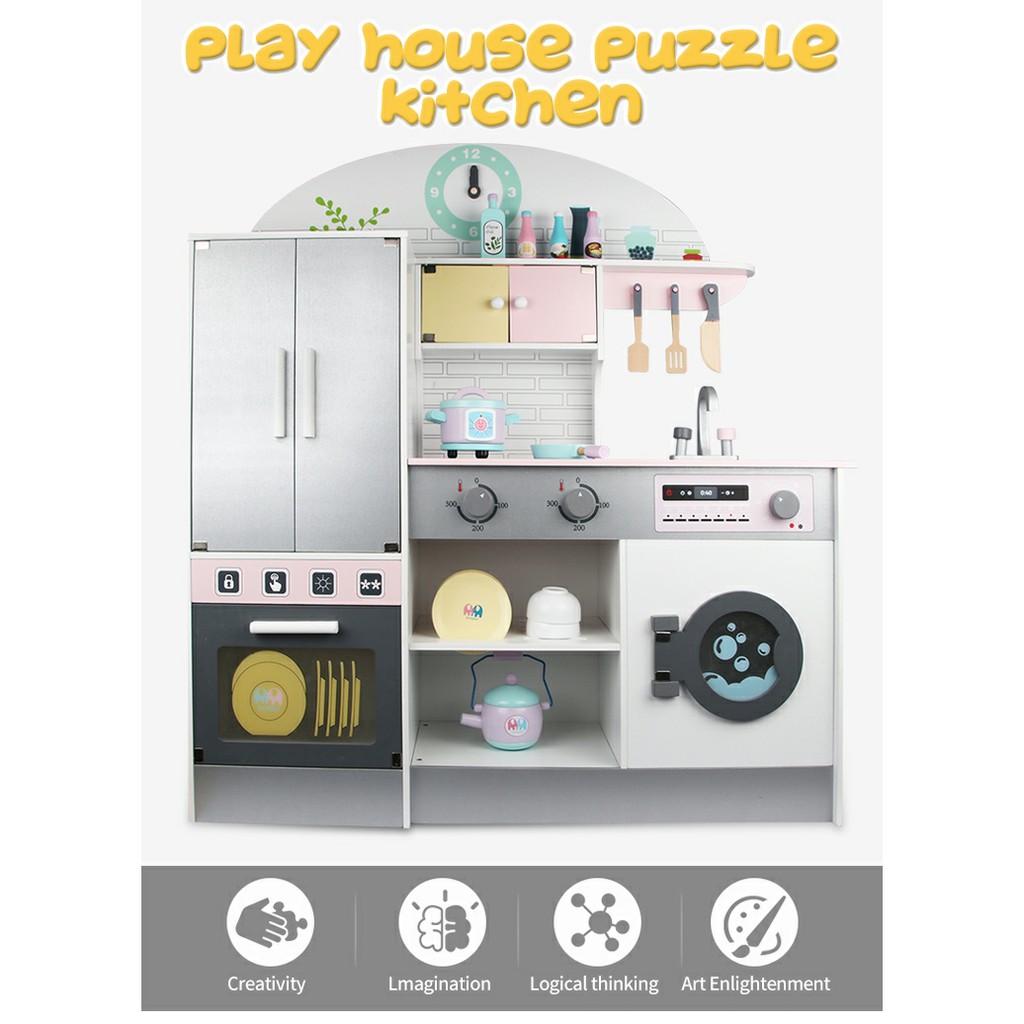 Wooden Kitchen Playset Kids Pretend Play Cooking Toy Stove Microwave