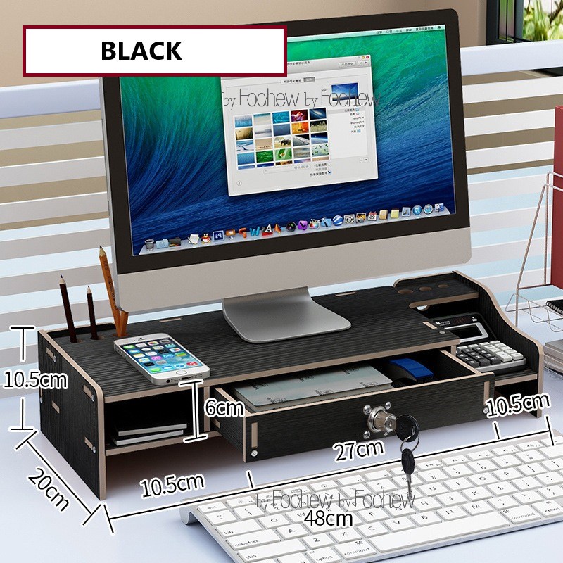 AMZ 2 Tier Monitor Stand Riser With Drawer Lock Multifunction Wood Made Computer Table Top Storage Organizer