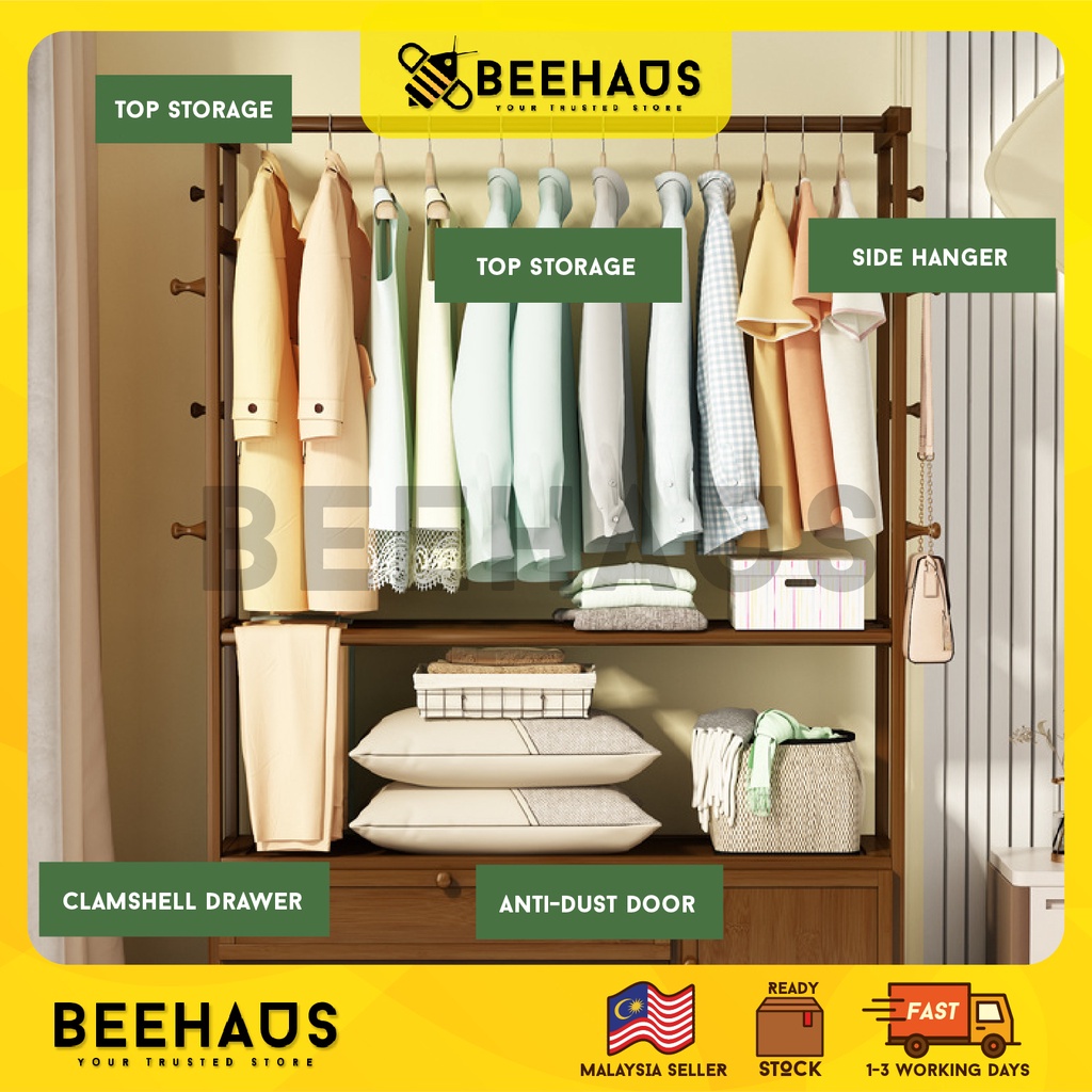 Beehaus Bamboo Coat Rack With Drawer | Wooden Clothes Rack With Hook ...
