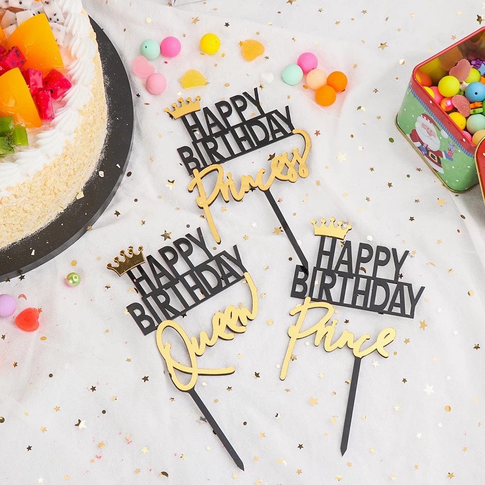 Acrylic Black Gold Crown Queen King Princess Prince Happy Birthday Cake ...