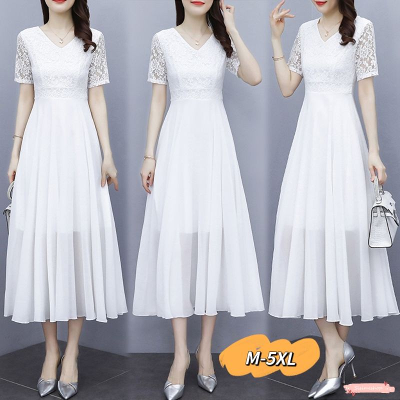 [M5XL] Lace Stitching Chiffon Dress Women VNeck Short Sleeve White