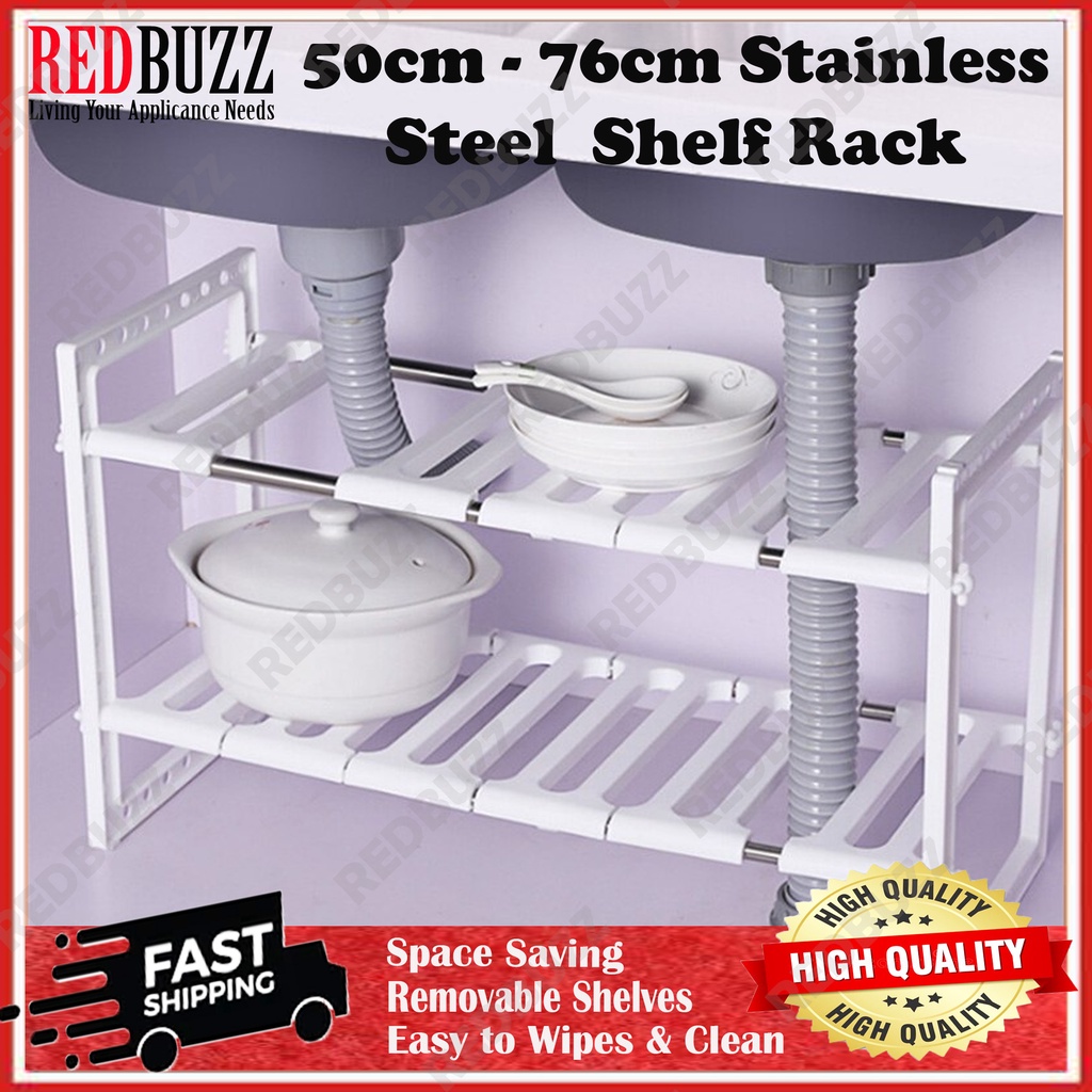 REDBUZZ Expandable 50cm 76cm Stainless Steel Under Sink Shelf Rack