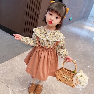 READY STOCK 6M 6Y Baju Dress Budak Perempuan Flora Knee Length Dungaree Dress With Long Sleeve Blouse Set Girl Set