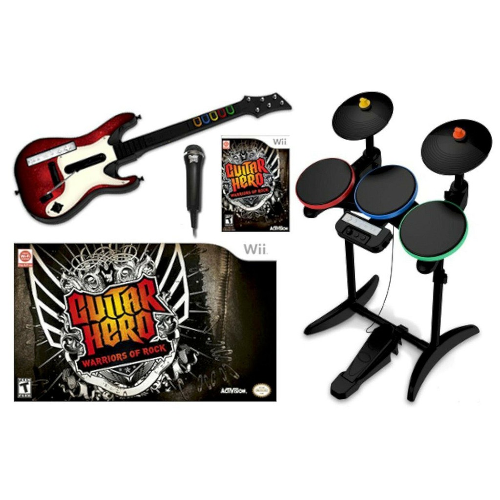 Wii Guitar Hero WARRIORS OF ROCK Set *Drums *Les Paul Guitar *Stickers  *Game*Mic 