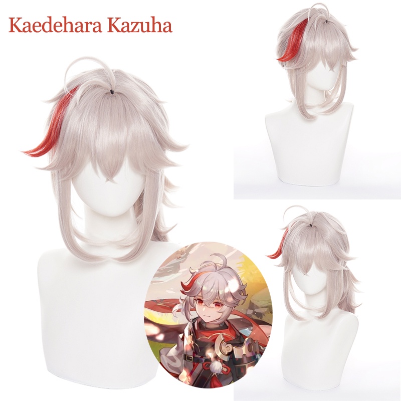 Genshin Impact Kaedehara Kazuha Wigs Cosplay Prop Hairpiece Wig Gray Red Curly Hair Anime