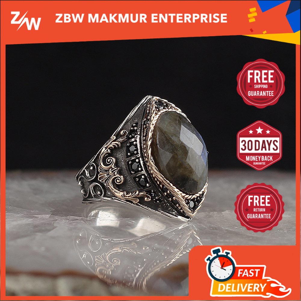 Perhiasan Cincin Signet Turki Tradisional Buatan Tangan Tradisional Labradorite Perak