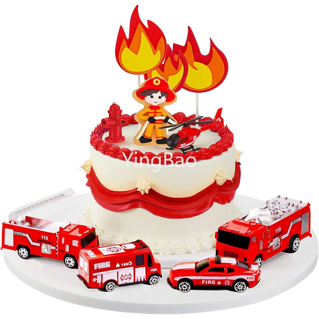 4PCS Firetruck Cake Topper Firetruck Birthday Cake Decoration Children ...