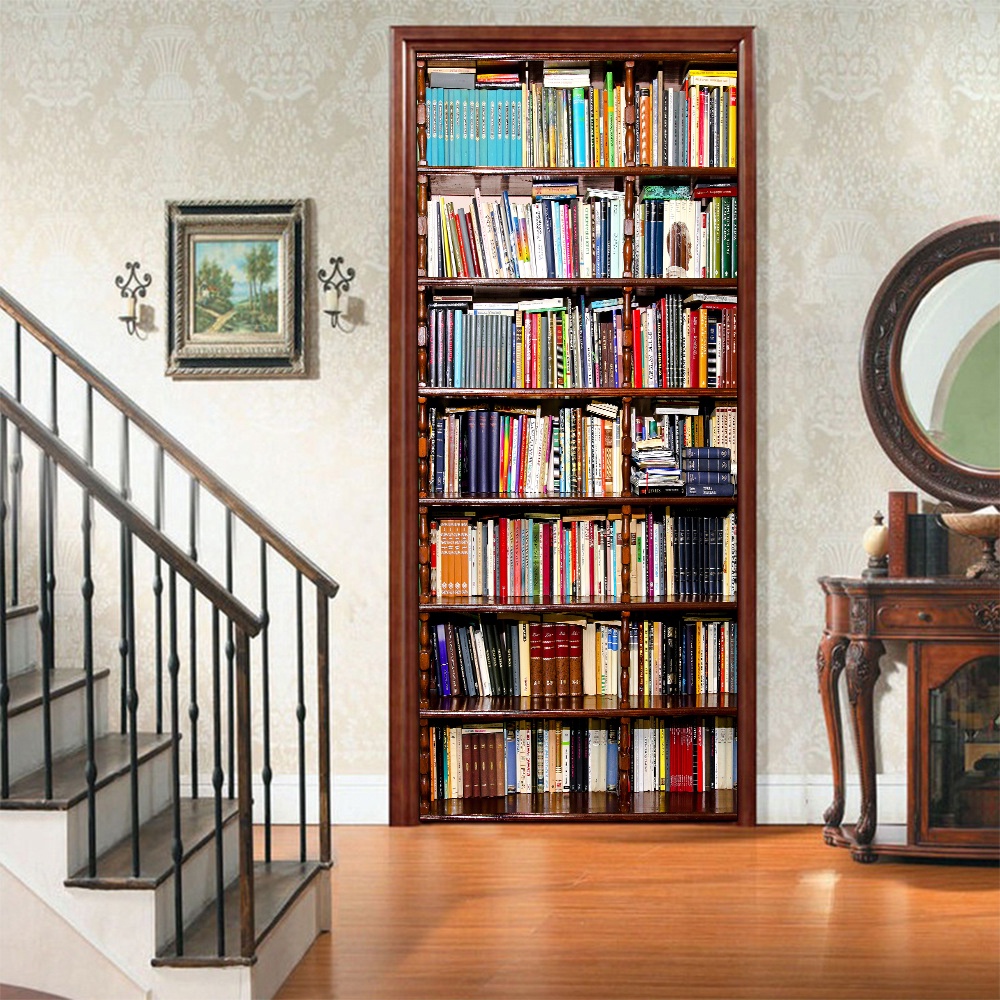 3D Effect Simulation Bookshelf Door Sticker Bedroom Living Room Home