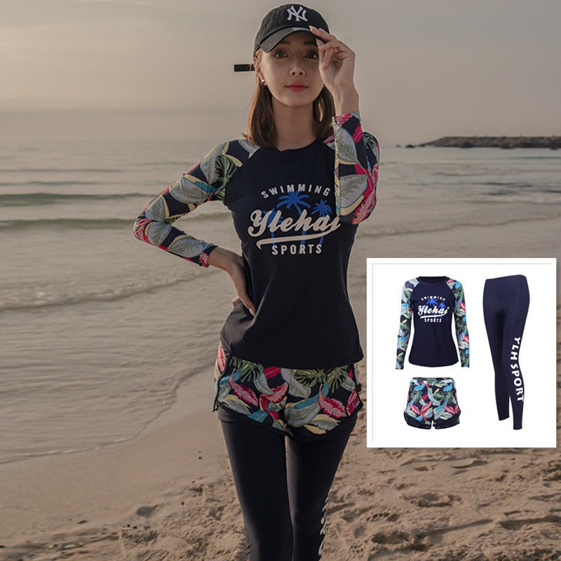 Women Rashguards Long Sleeves Long Trunks Set Water Sports Swimsuit