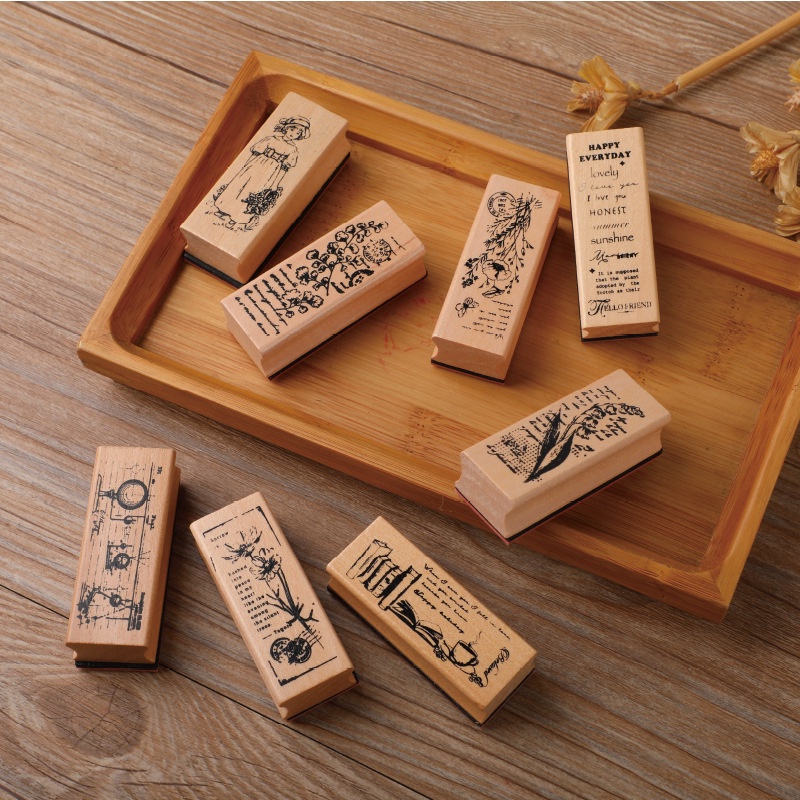BAOPAI 16 Pieces Vintage Wooden Rubber Stamps Decorative Set With Floral Patterns For Diy Crafting Gift Wrapping Card Making And Scrapbooking