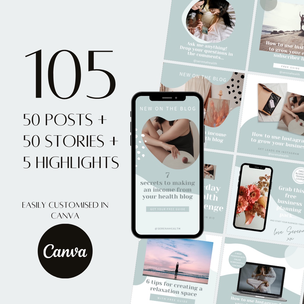 105 Social Media Canva SERENA Instagram Branding Package Templates | 50 ...
