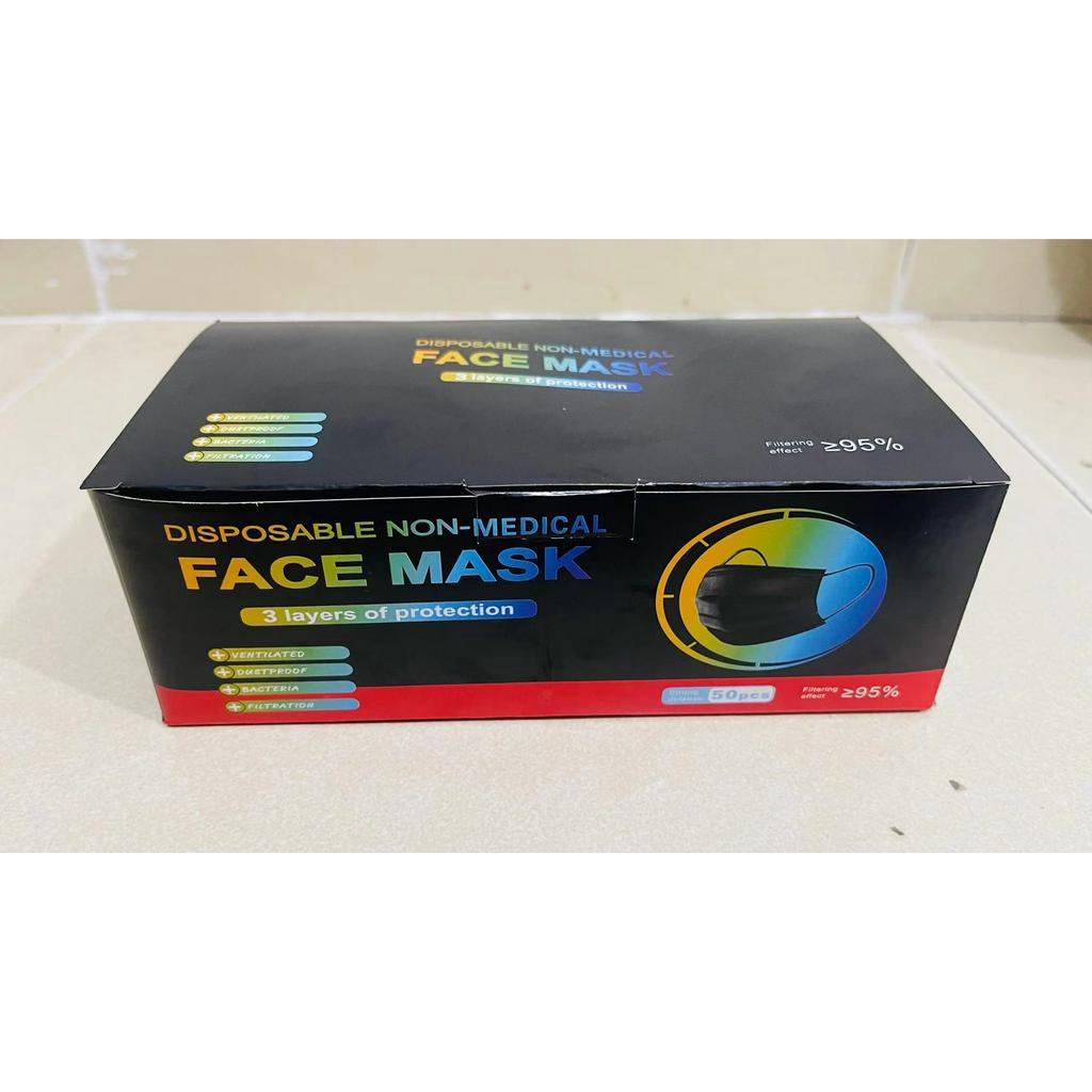 Black Face Mask Disposable 3 Ply 50pcs With Box Non-Medical Mask Hitam ...