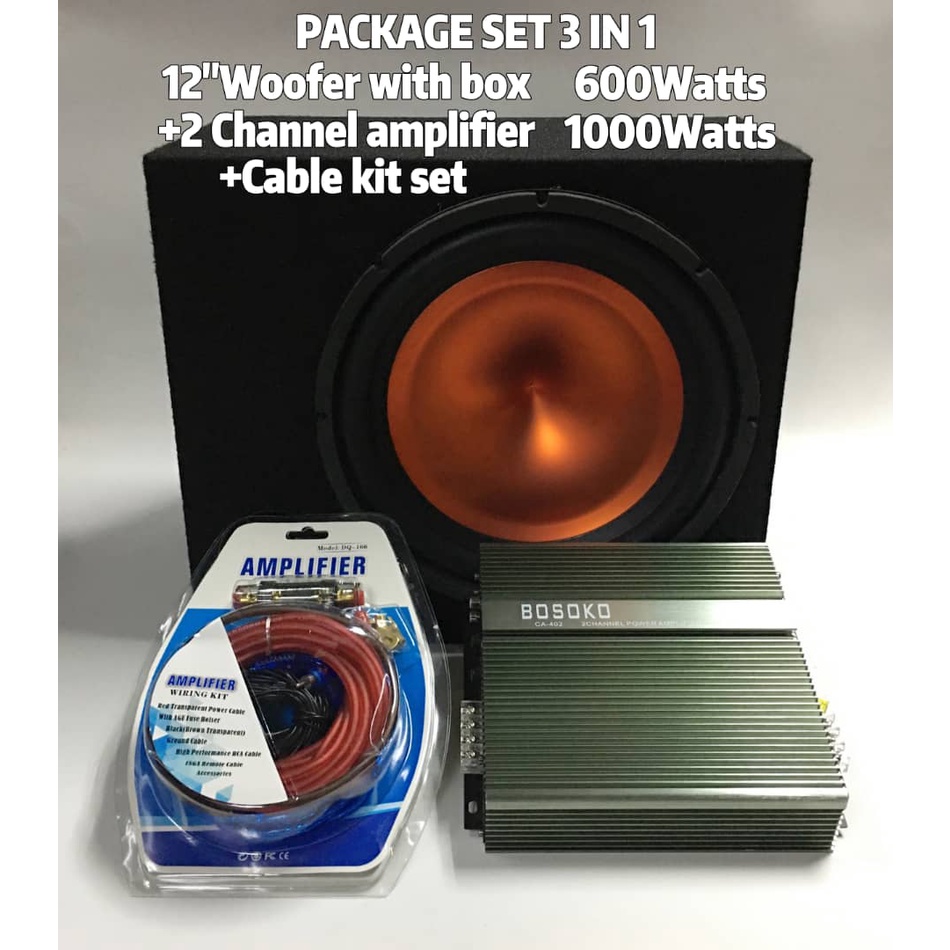 PACKAGE SET BOSOKO 2Channel AMPLIFIER 1000 Watts, BOSOKO 12" woofer