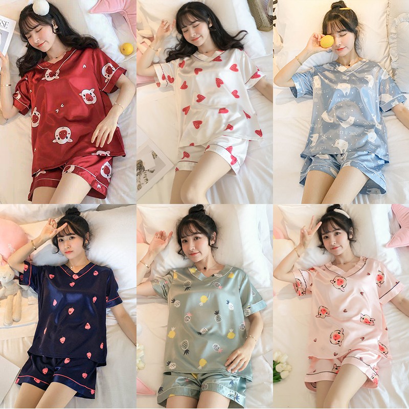 Female Comfy Silk women's Pyjamas Short Sleeve Sleepwear V-neck cartoon ...