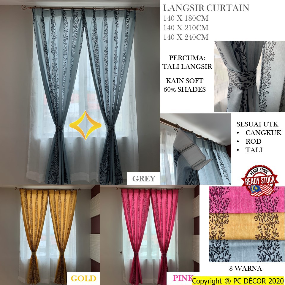 Hook Type Modern Langsir Curtain Semi Blackout Langsir Pintu Door ...