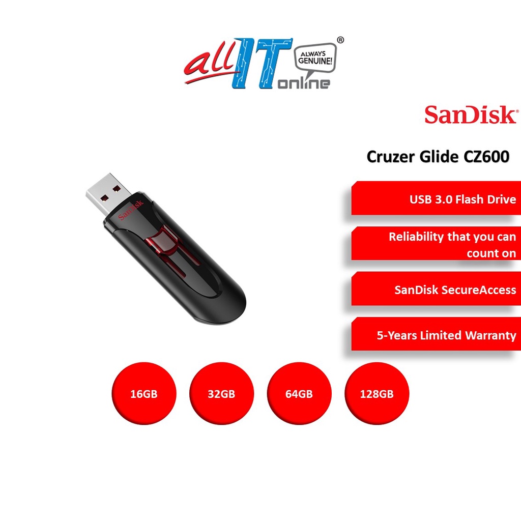 SanDisk USB 3.0 CZ600 Cruzer Glide Retractable USB Flash Drive (16GB/32GB/64GB/128GB) Shopee