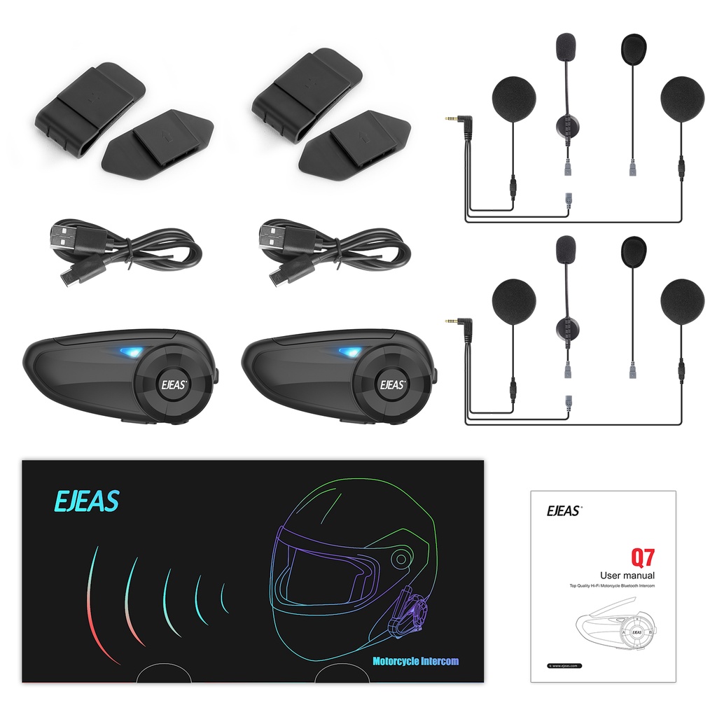 EJEAS Q7 Motorcycle Helmet Bluetooth Wireless Headset Bluetooth 5.1 Waterproof,2 rider