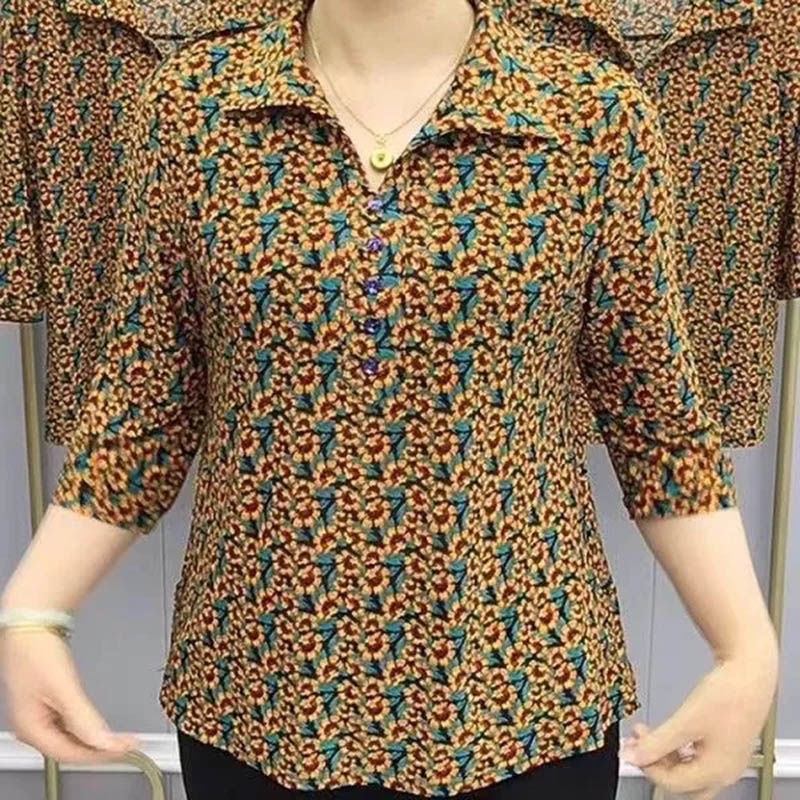 Women's Lapel Floral Threequarter Sleeve Fashion Blouse Top Shopee