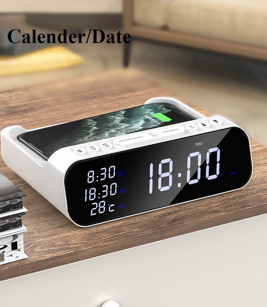 15W Wireless Charger Alarm Clock Bluetooth Speaker LED Smart Digital ...