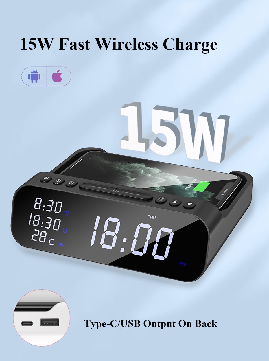 15W Wireless Charger Alarm Clock Bluetooth Speaker LED Smart Digital ...