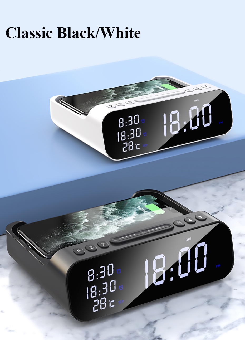15W Wireless Charger Alarm Clock Bluetooth Speaker LED Smart Digital ...