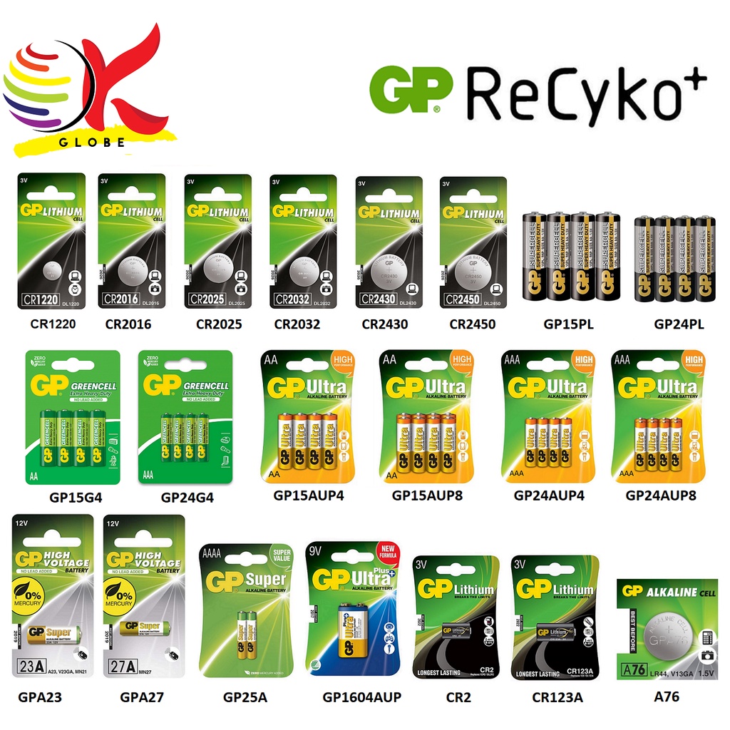 Gp Alkaline Battery Aa Aaa Aaaa 9v Greencell C D Supercell Cr 2016 2025 2032 2430 8601