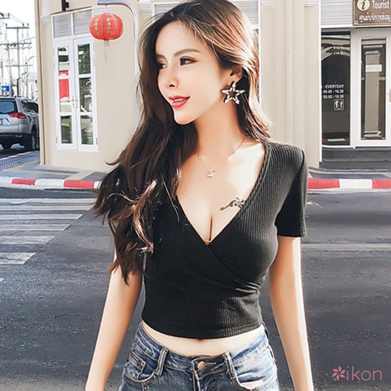 Hot Sales🔥 Womens V Neck Short Sleeve_Ribbed Solid Sexy Shirts Tank Top  Crop Top Korean Top