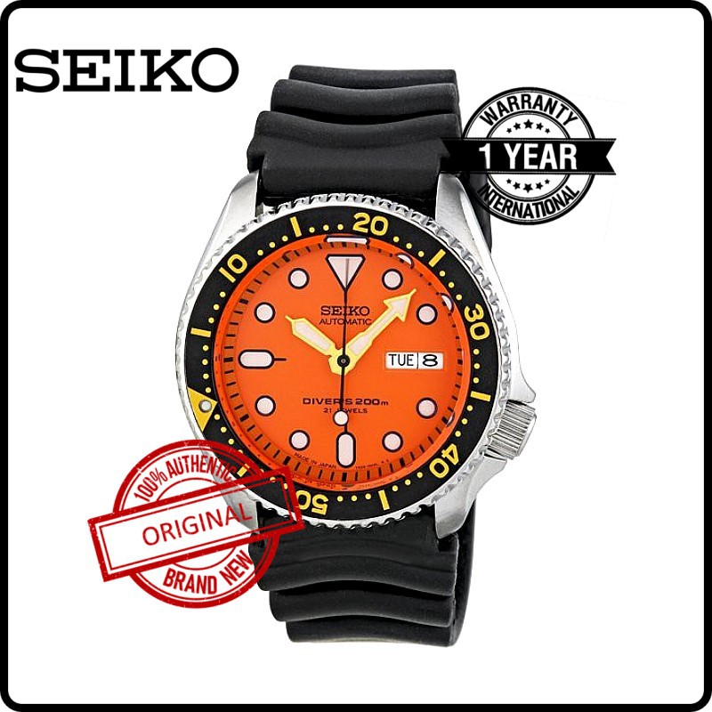 SKX011J1Y SEIKO Men Original Brand New Automatic Scuba Diver Orange Dial Day Date Black Rubber Strap Watch