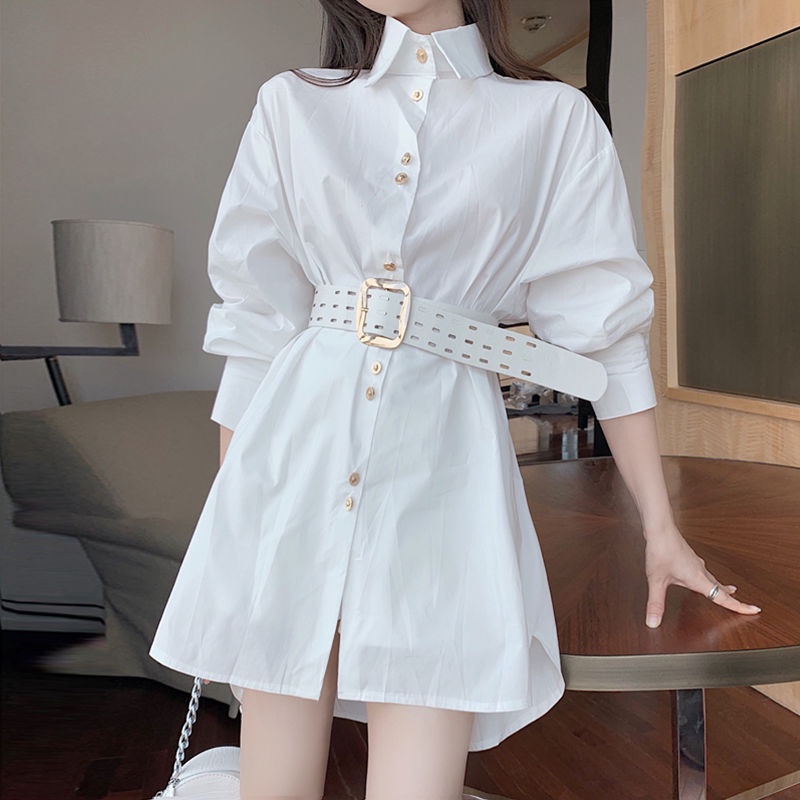 Fashion White Shirt Dress Elegant Office Ladies Long Sleeve Loose Plain  Turn Down Collar Female Solid Midi Dress Summer Spring