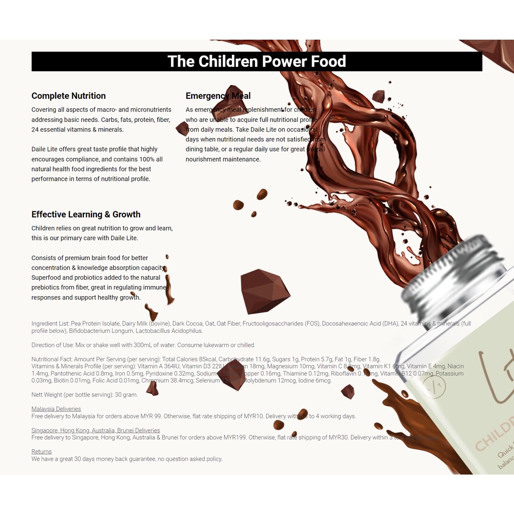 DAILE Superfood Lite For Children | Complete Food in Rich Chocolate ...