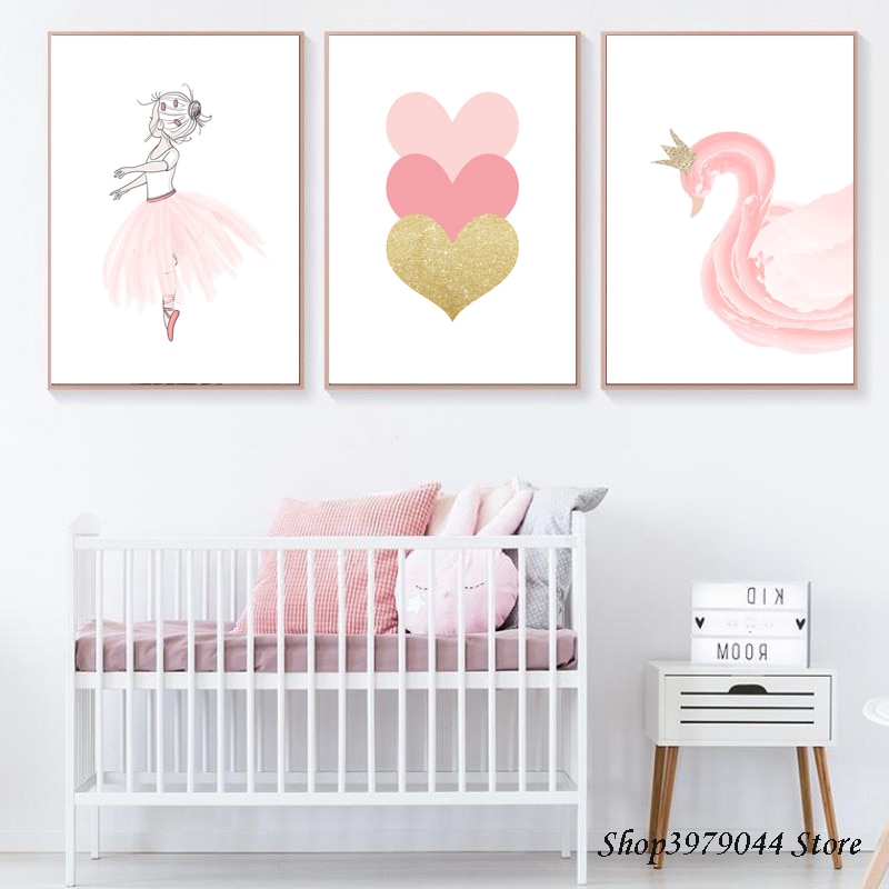 Baby Room Pink Poster Nordic Swan Canvas Painting Heart Wall Art Print ...