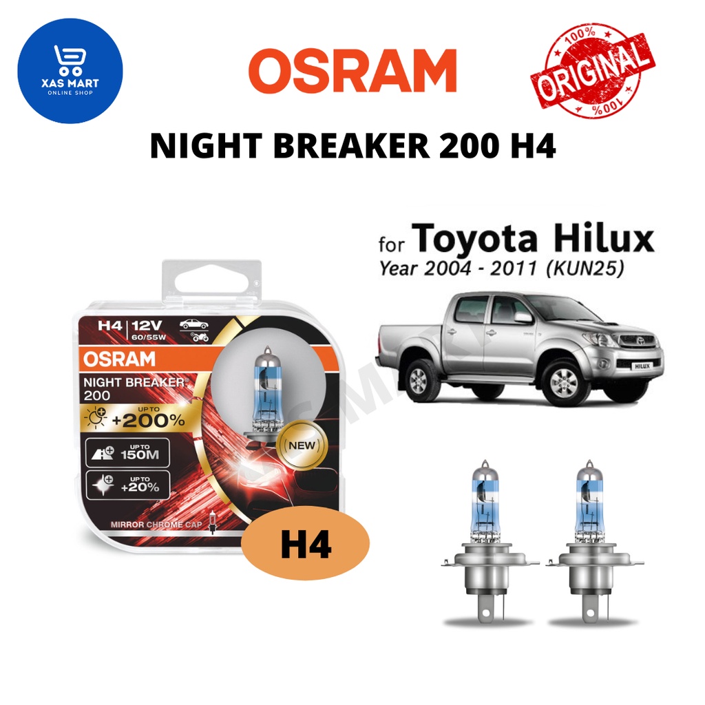 Genuine Osram Night Breaker 200 H4 Set +200% Brightness for Toyota Hilux  VIGO KUN25 (Year 2004-2011)