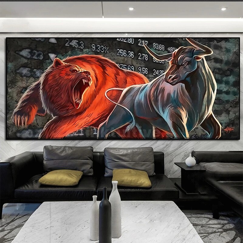 Stunning Bull Bear Canvas Painting Wall Art Quote Motivational Poster