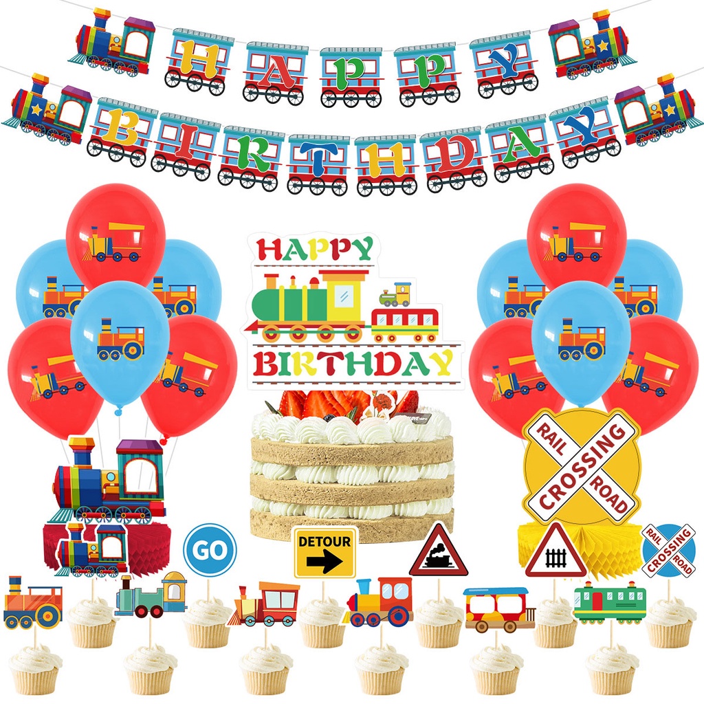 Railway Train Theme Printed Balloons Happy Birthday Banner Cake Topper ...