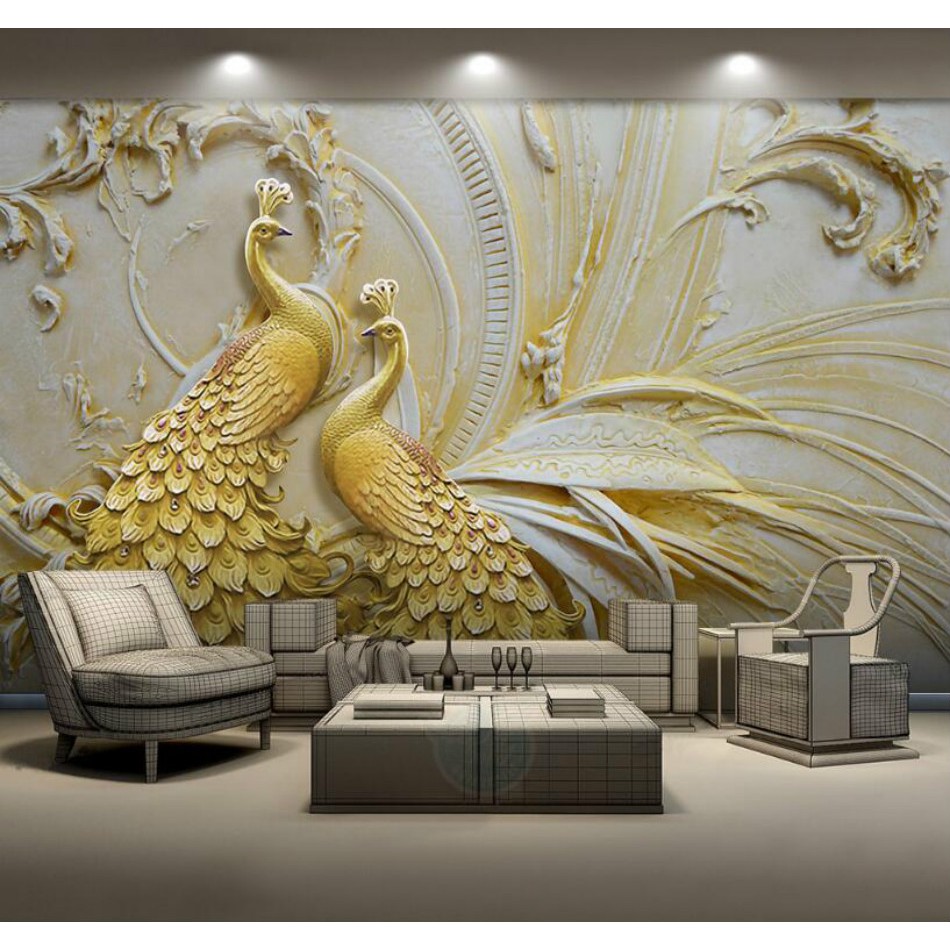3D embossed golden peacock Background Wallpaper Mural for Walls Living