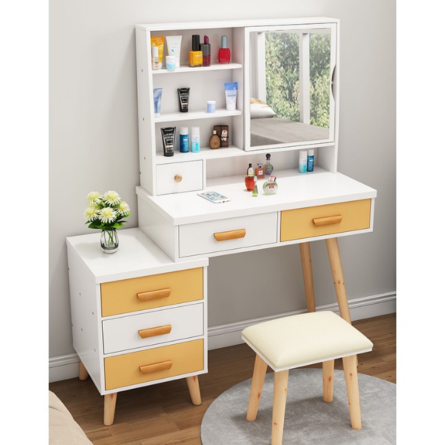 WHITE & YELLOW Dressing Table Mirror Storage Compartment Drawer Make Up