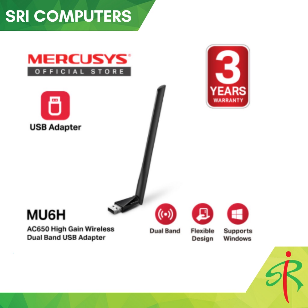Mercusys MU6H AC650 High Gain Wireless Dual Band USB Adapter (Powered ...