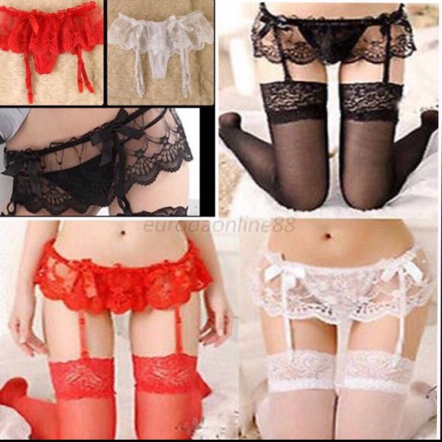 Womens Lace Floral Garter Suspender Belt Hosiery G String Stocking