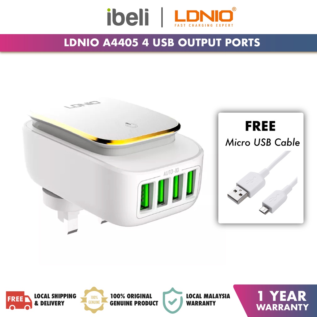 LDNIO A4405 LED Touch Lamp 4.4A 4USB Output Port Auto ID USB Charger ...