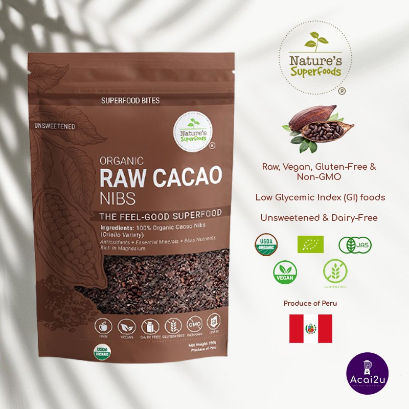 Nature's Superfoods Organic Raw Cacao Nibs, 250g/ 500g Resealable Pack ...