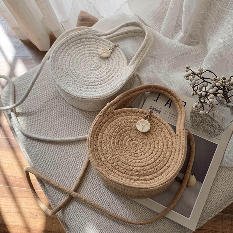 Round Women s Shoulder Bag Cotton Rope Woven Handbag Bohemian Straw Beach Bags Handmade Crossbody Bag Shopee Malaysia