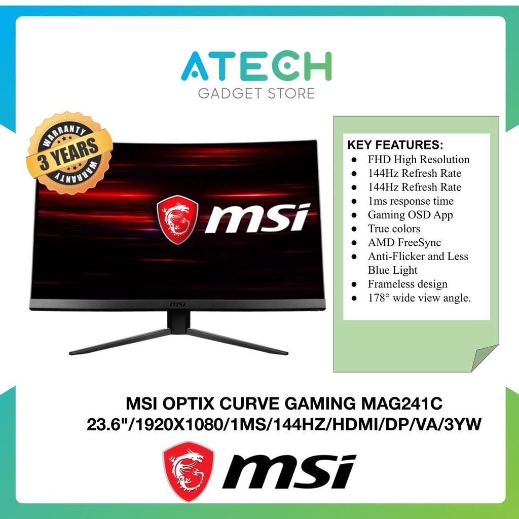 MSI OPTIX MAG241C 23.6" 1920 x 1080 144Hz 1ms AMD FreeSync/HDMI/DP ...