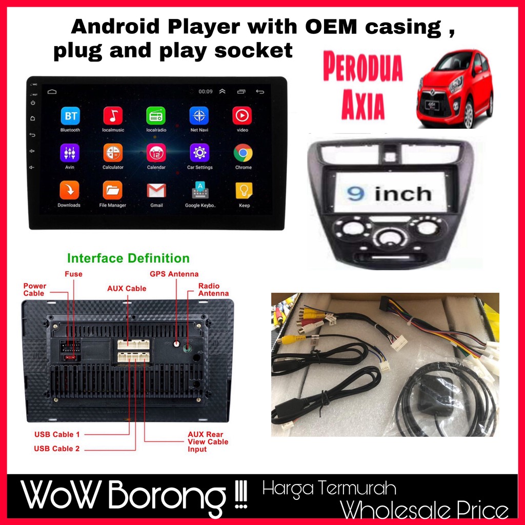 ANDROID PLAYER WITH PERODUA AXIA PLAYER CASING , PLUG AND PLAY SOCKET ...
