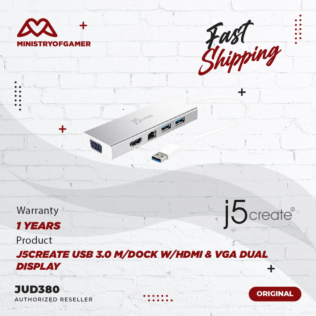 J5Create USB 3.0 M/Dock w/HDMI & VGA Dual Display (JUD380) Shopee