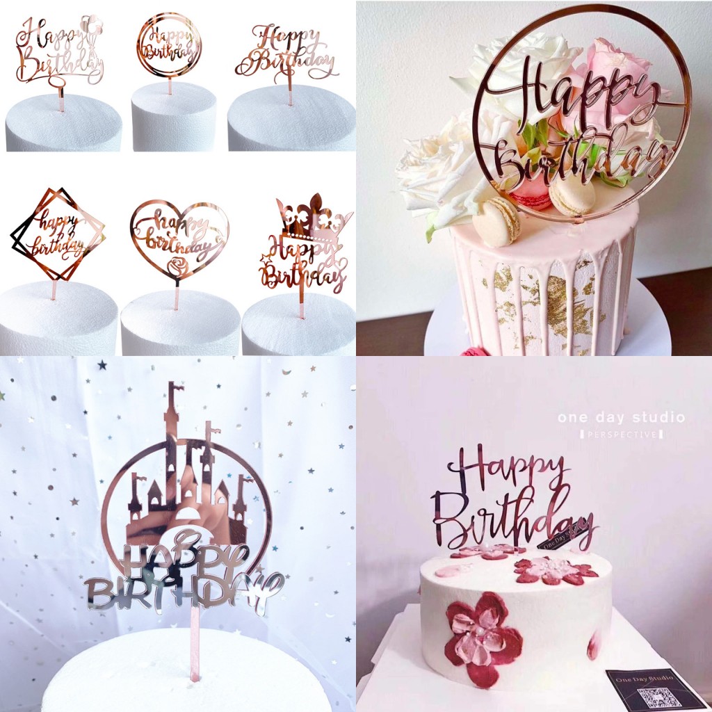 Promotional Acrylic Happy Birthday Cake Topper Rose Gold Theme Cake ...
