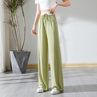 Women's Ice Silks Wide-leg Pants Spring Summer Korean Style High Waisted  Trousers Drawstring Straight-Leg Casual Pants
